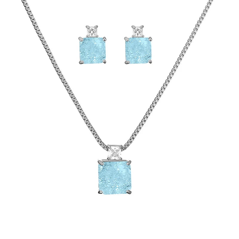 ZAKOL Elegant Ocean Blue Square AAA Zirconia Earring Necklaces Set for Women Exquisite Wedding Party Jewelry Gift for Women