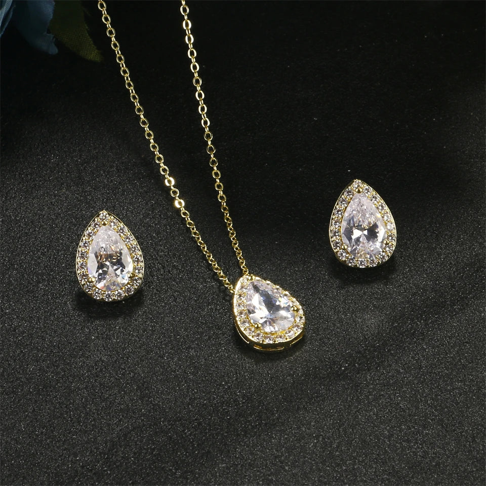 ZAKOL 3/2pcs Shiny Crystal Zircon Water Drop Earring Necklace Bracelet Jewelry Set for Women Elegant Wedding Party Jewelry