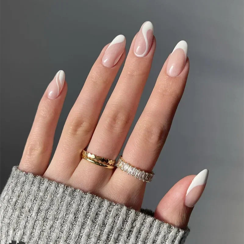 24Pcs Simple Green French False Nails Short Almond Fake Nails with Wave Line Design Wearable Round Head Press on Nail Tips