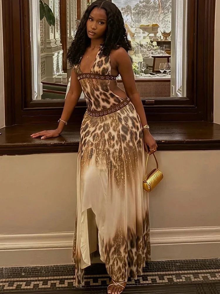 Summer Vacation Sexy Leopard Print Halter Maxi Dress Elegant Deep V Hollow Out Low-Waist Irregular Beach Dress Lady Party Outfit