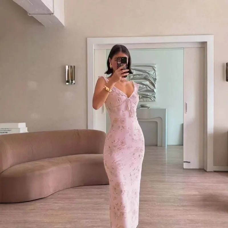 Elegant Summer Print Floral Dress Women V-neck Slim Ruffles Sleeveless Backless Long Dresses 2026 Beach Vacation Lady Vestidos