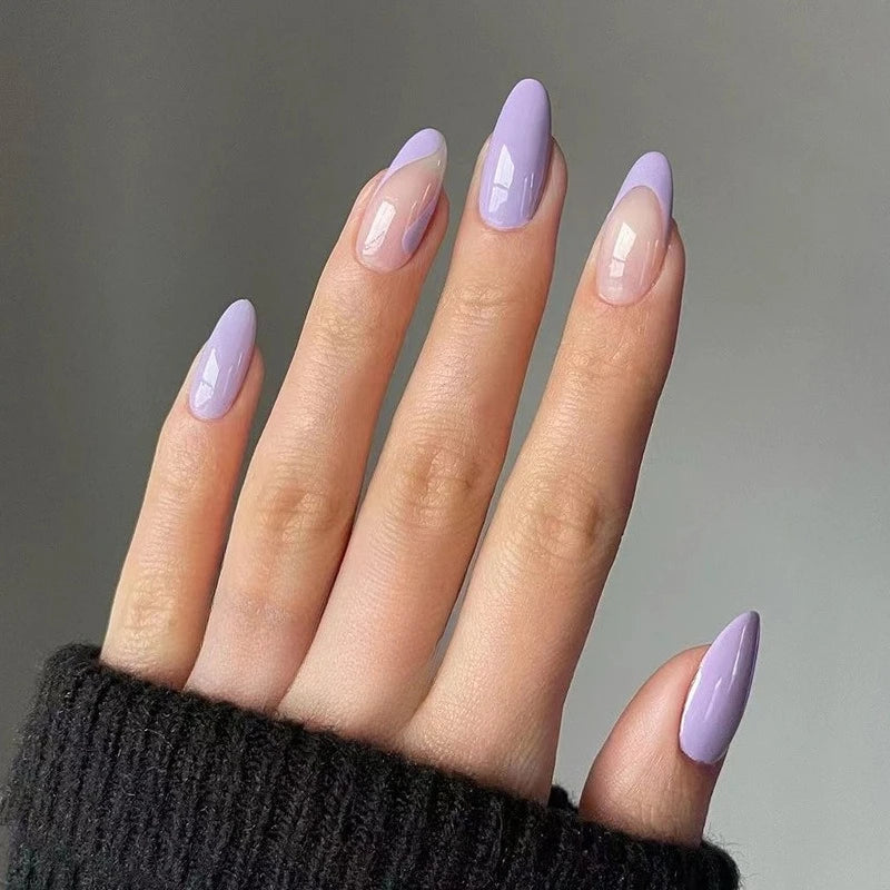 24Pcs Purple Heart Almond False Nails Artificial Simple with Glue French Wearable Fake Nails Full Cover Press on Nails Tips Art