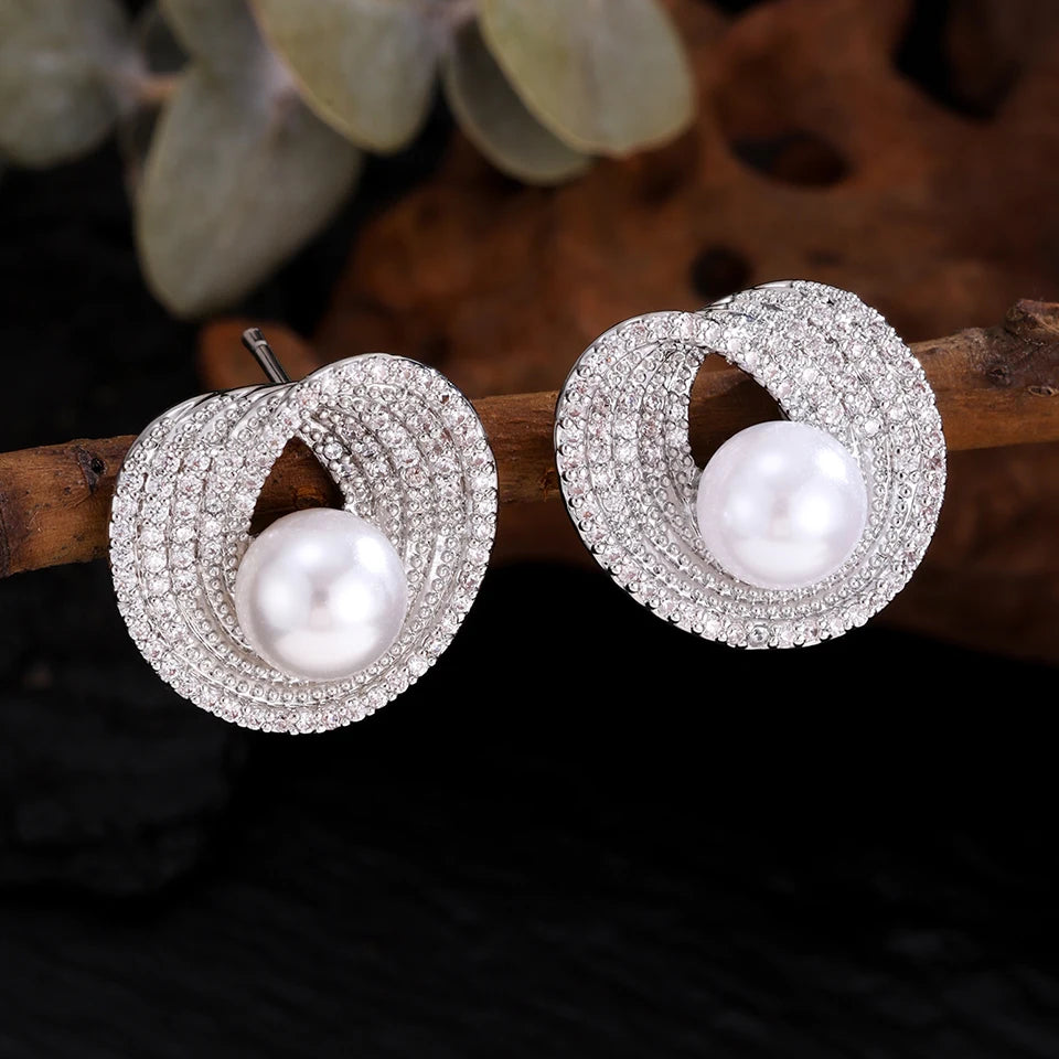 ZAKOL Luxury AAA Zircon Round Pearl Earrings for Women Irregular Stud Earring Temperament Wedding Party Jewelry