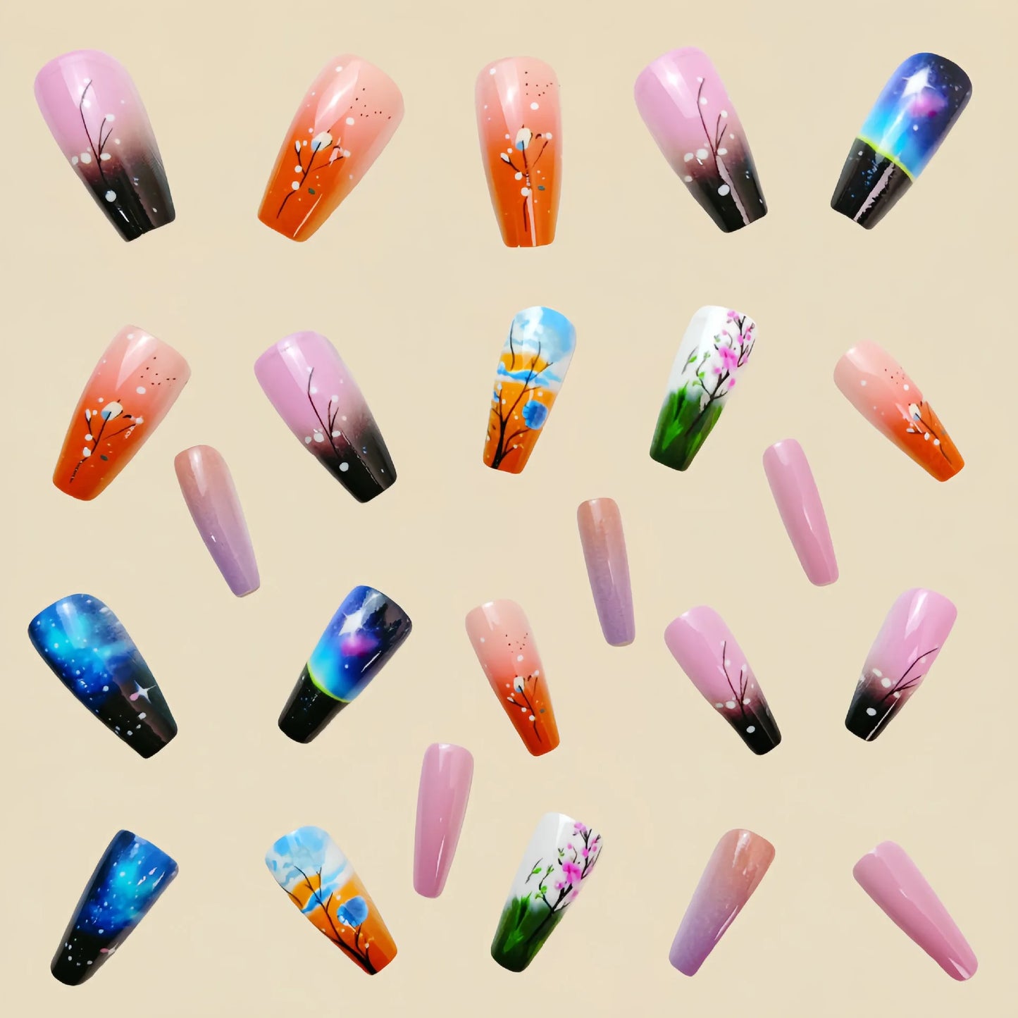 24pcs/set medium long fake nails square ballet nail tips glitters starry sky moon star feather design press on false nail art