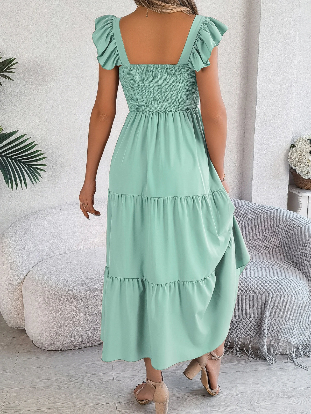Spring Summer Solid Color Edible Tree Fungus Edge Square Neck Sleeveless Holiday Dress Elegant Long Dresses for Women Rose Blue