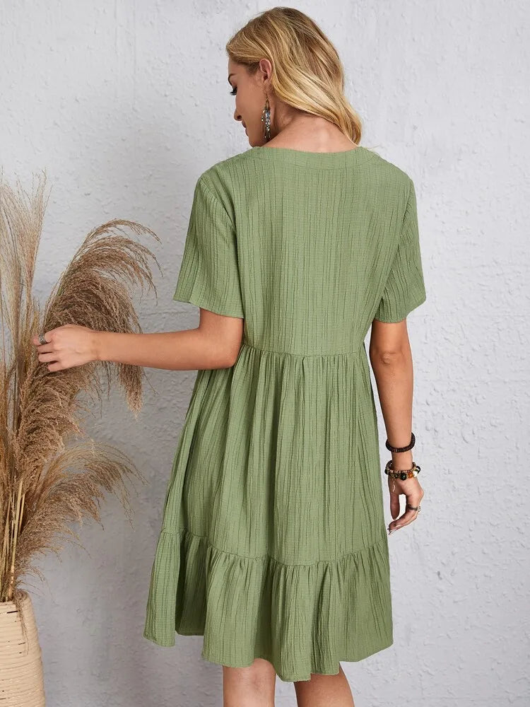 Women Elegant V Neck Ruffles Mini Dress Summer Vintage Solid Loose Sundress Bohemian Casual Solid Beach Party Vestidos