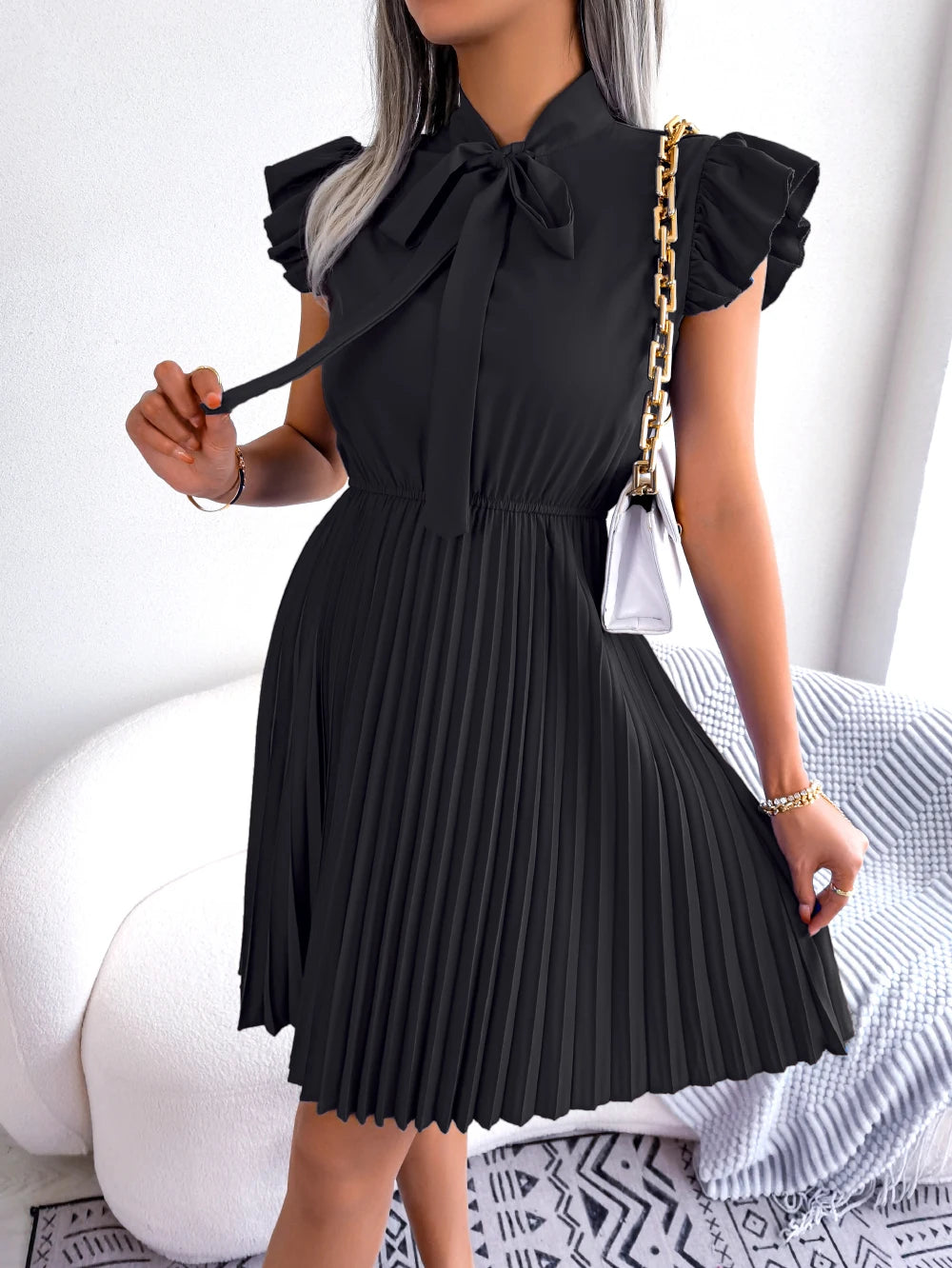 Elegant Bow Tie Pleated Dress 2026 Women Summer Solid Color Ruffles Short Sleeve Mini Dress Green Red Black Blue Woman Clothing