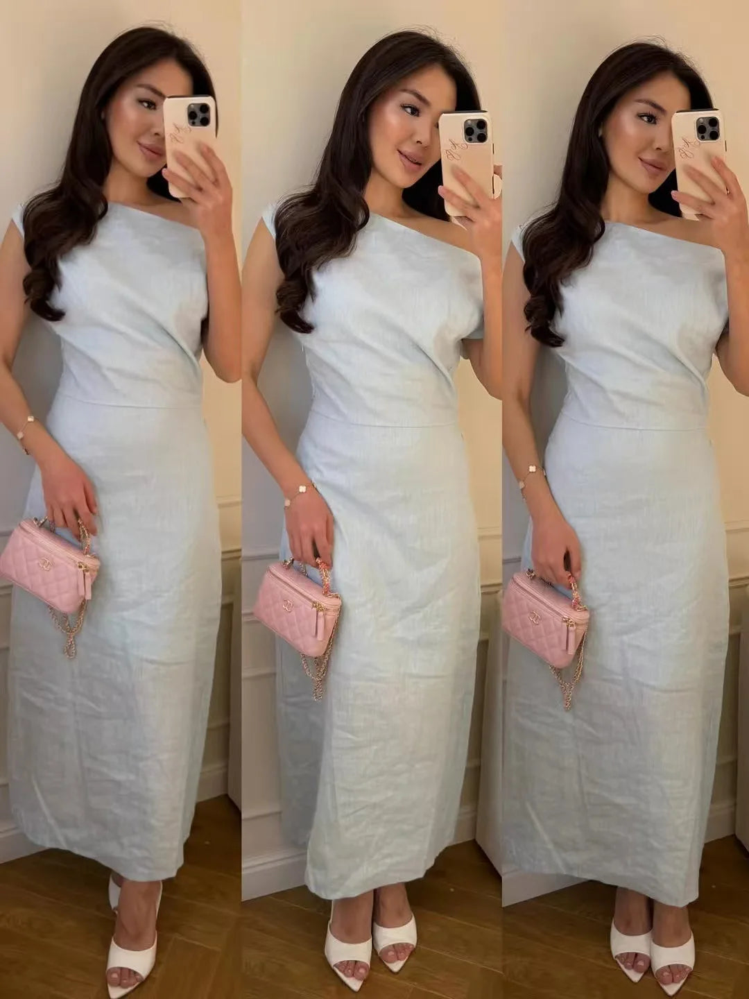 Elegant Solid One Shoulder Dresses Lady Skew Collar Waist-cinching Sleeveless Long Dress 2026 Women New Party Club Gowns