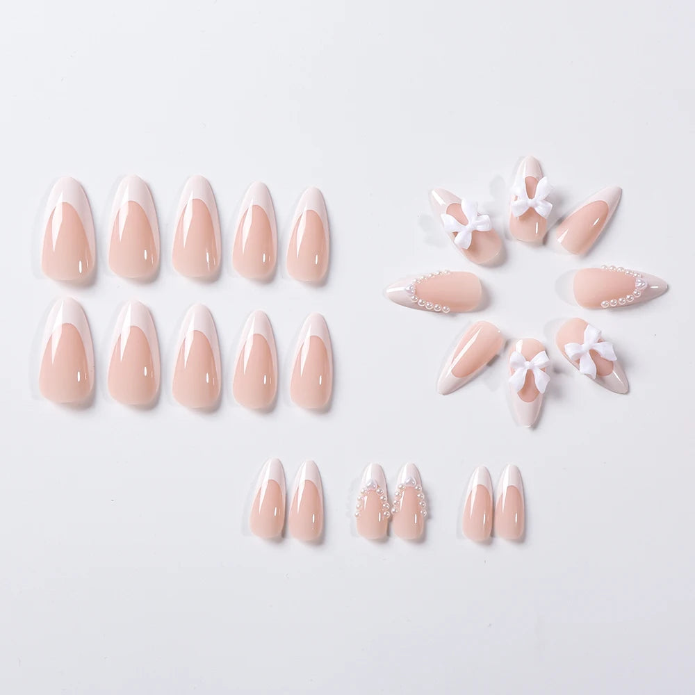 24Pcs Pearl Bow Press On Nails White Bowknot French Almond Fasle Nails Wearable Full Cover Fake Nails Tip for Girls Women