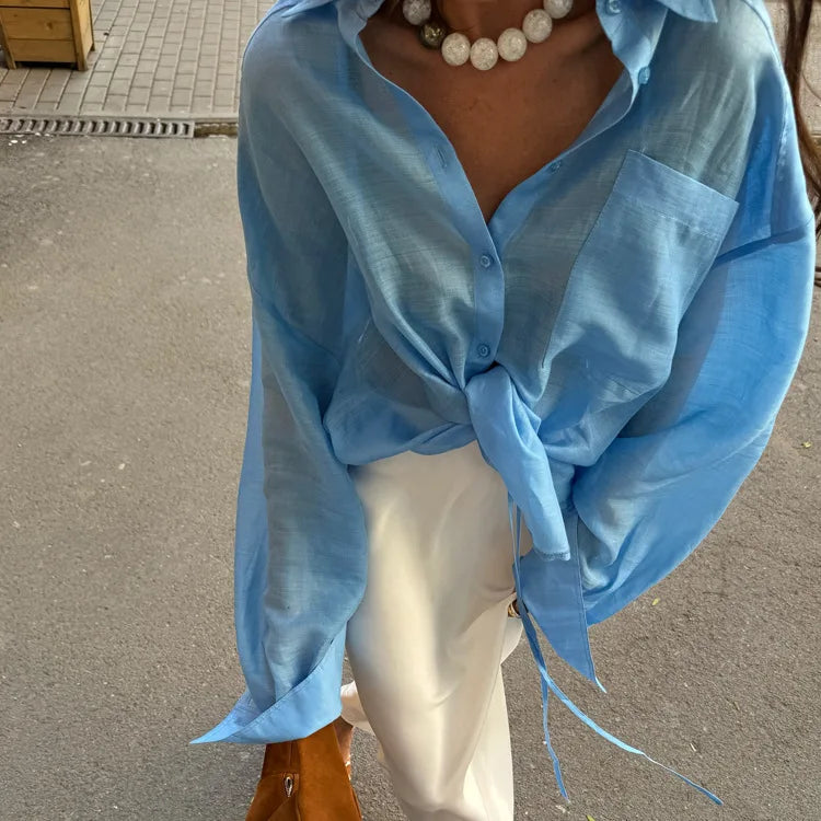 Casual Loose Solid See Through Blue Blouse For Women Sexy Lapel Long Sleeve Classic Shirt 2026 New Autumn Commuter Female Tops
