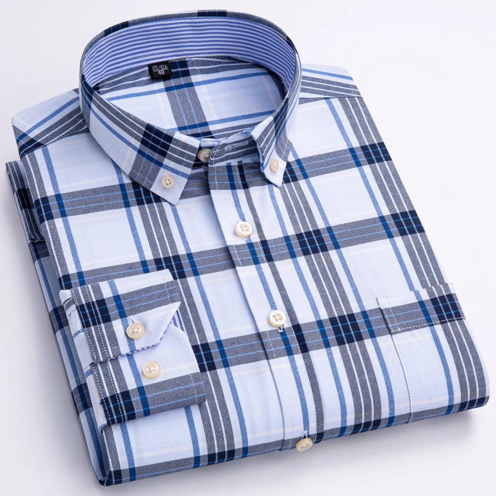 Men's 100% Cotton Contrast Plaid Long Sleeve Oxford Button-Down Shirt with Pocket, Breathable Comfort Regular Fit Casual Wear