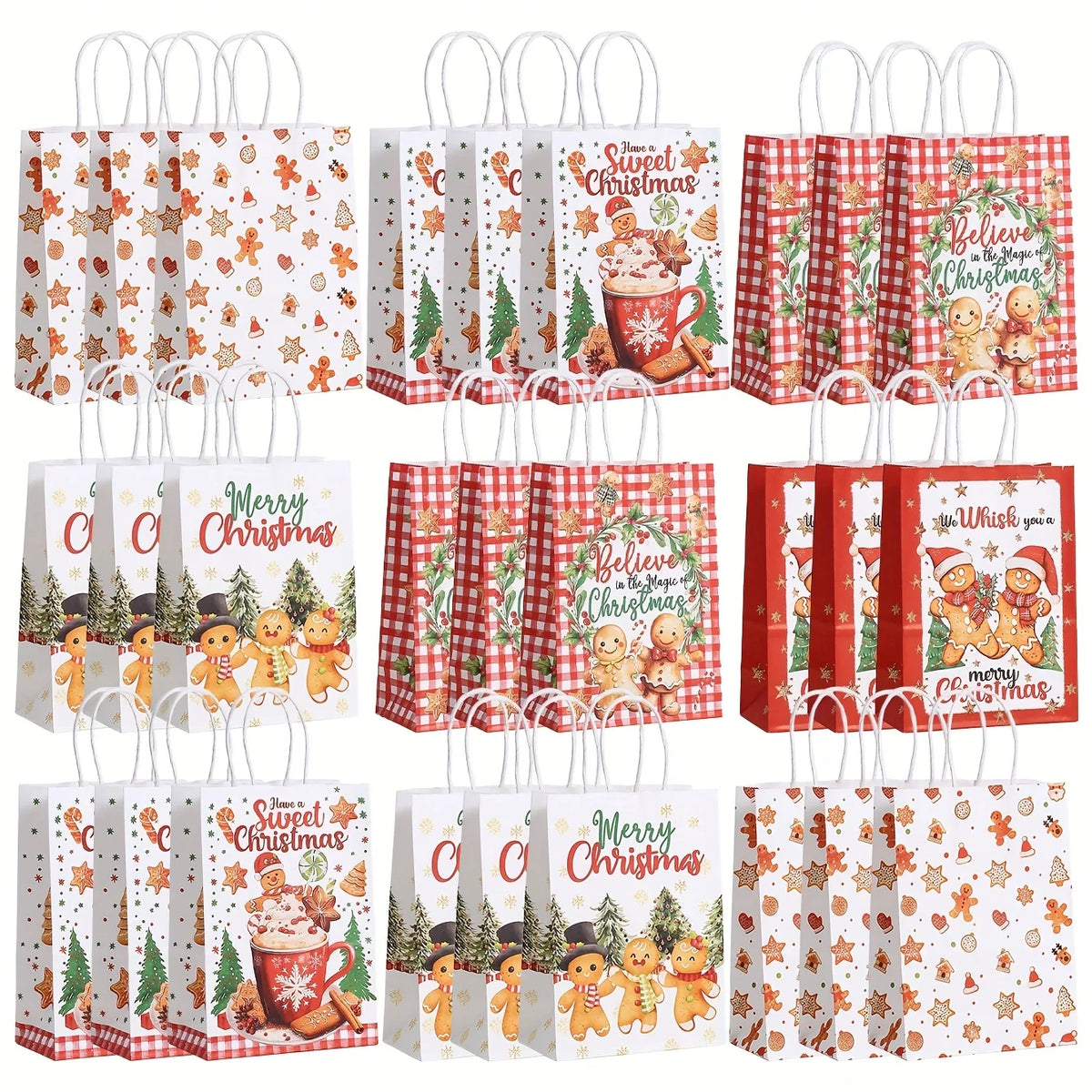 12/24/36pcs Loose Christmas Gift Bags with Handles, 6 Different Designs of Gingerbread Bags for Christmas Gift Packaging
