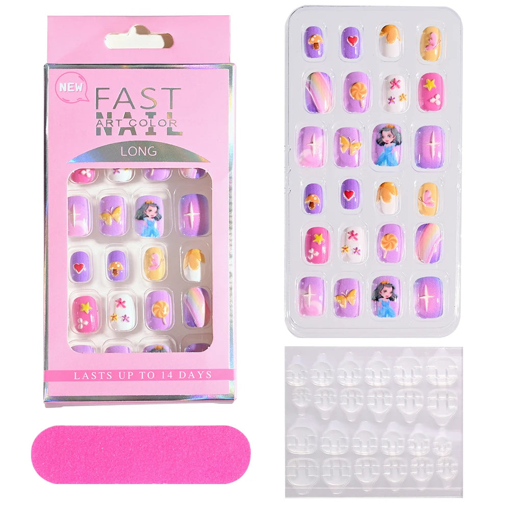 24pcs/box Candy Kids False Nail Cartoon Full Cover Press On Fake Nails Tips Kawaii Acrylic Artificial Fingernails for Girls