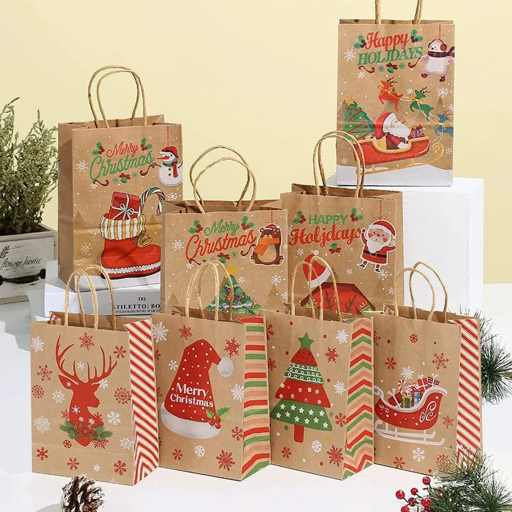 Christmas Party Gift Bags Santa Claus Themed Goodie Bags with Handles for Holiday Candy Packaging Christmas Eve Pouch Supplies