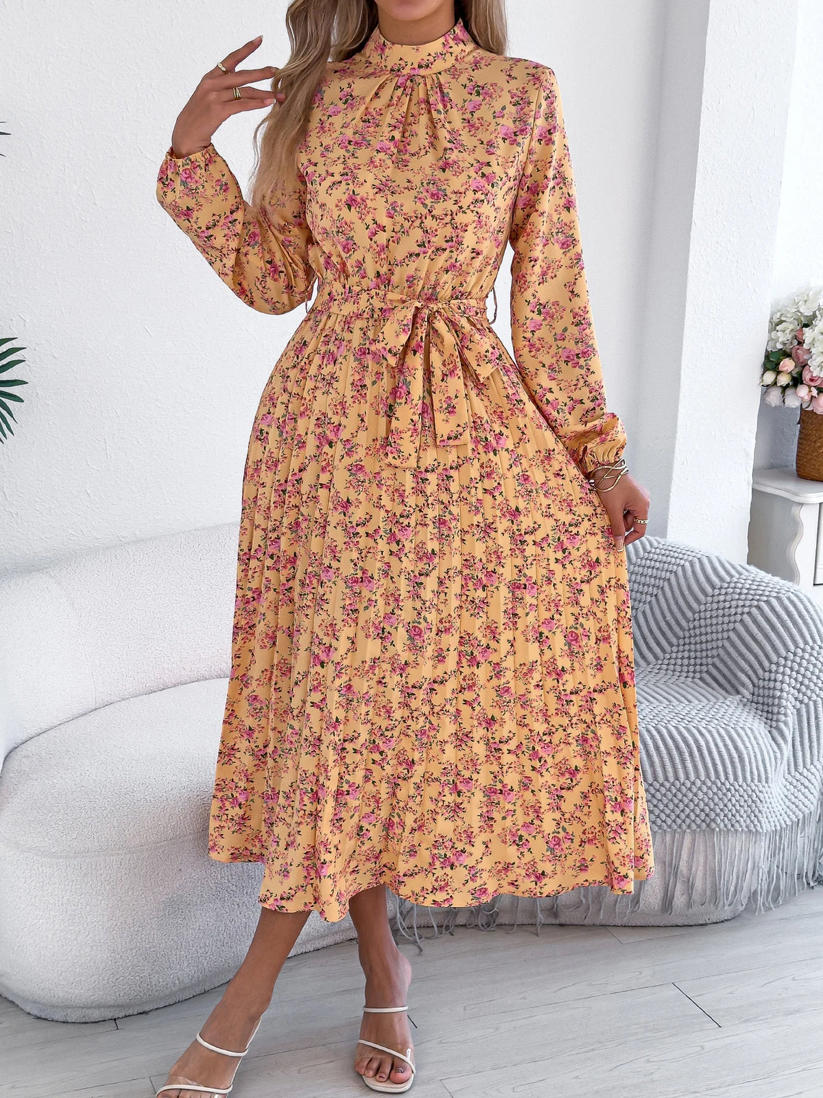 Floral Stand Up Collar Bridesmaid Dress 2026 Spring Autumn Elegant Long Sleeve Waist Cinching Pleated Dresses Woman Clothing