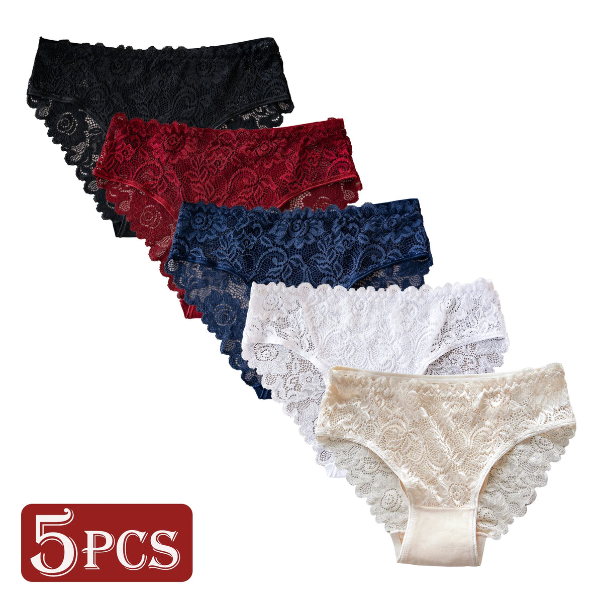 5PCS High End Lace Panties for Women Pure Cotton Crotch Breathable Sexy Briefs Solid Color Mid-Rise Everyday Underwear Lingerie