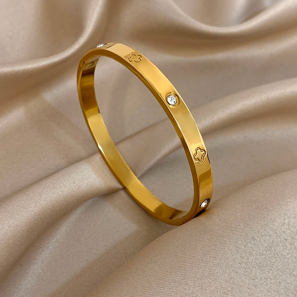 FLASHBUY Trendy Chic Gold Color Simple 316L Stainless Steel Bangles Bracelets for Women Charm Zircon Waterproof Jewelry Gift