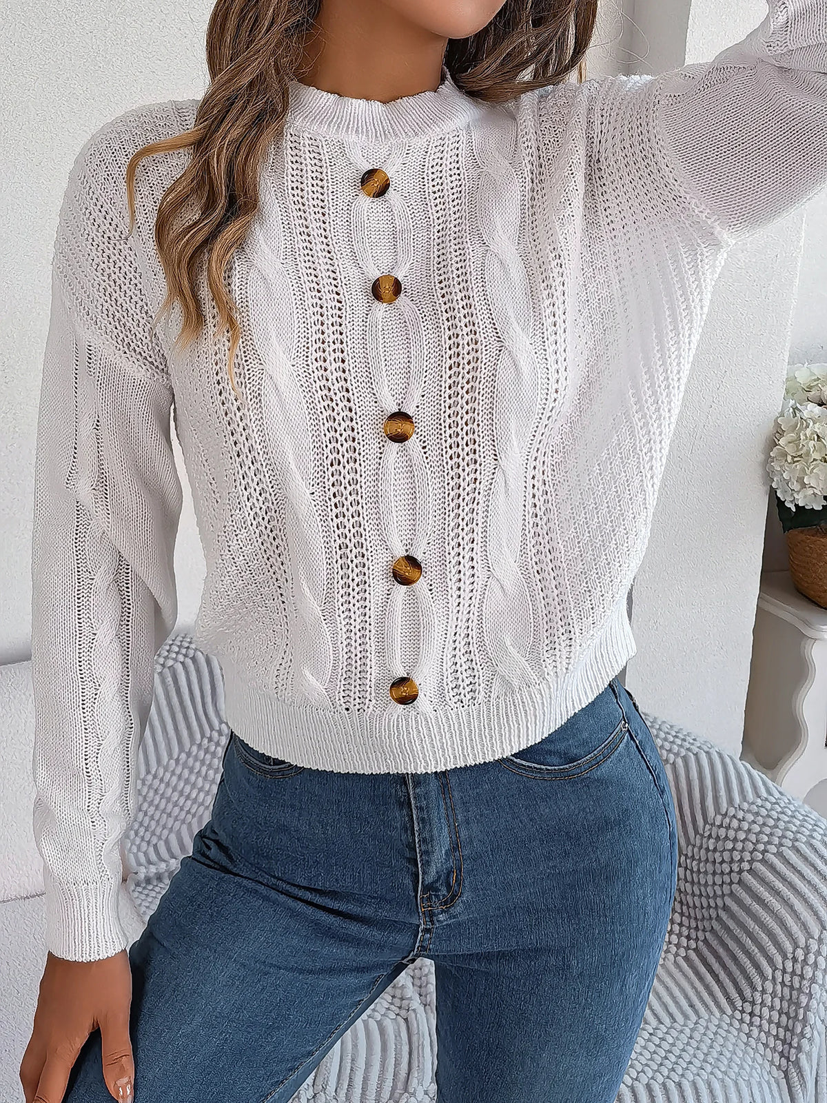 Women's Solid Color Round Neck Buttons Knitted Sweater 2026 Autumn Winter Casual Long Sleeve Pullover White Grey Green Woman Top