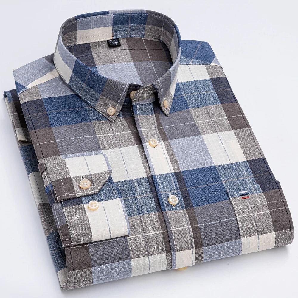 Men's 100% Cotton Contrast Plaid Long Sleeve Oxford Button-Down Shirt with Pocket, Breathable Comfort Regular Fit Casual Wear