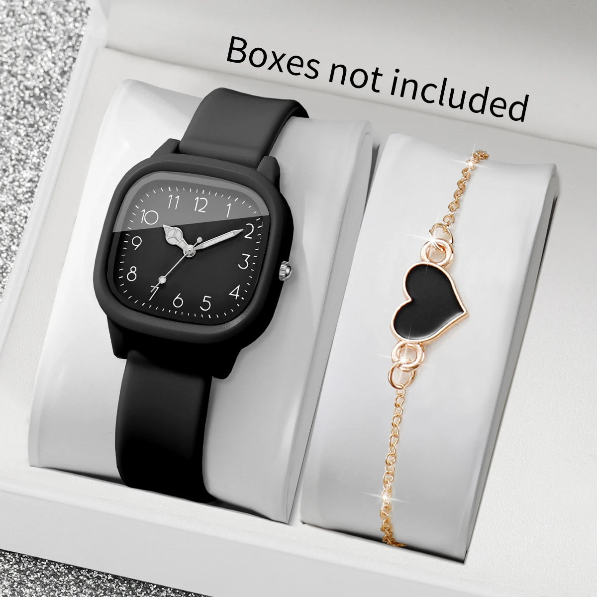 2PCS Fashion Women Watch Heart‑shaped Bracelet Set Square Black Dial Silicone Strap Wristwatch Relogio Feminino (Without Box)