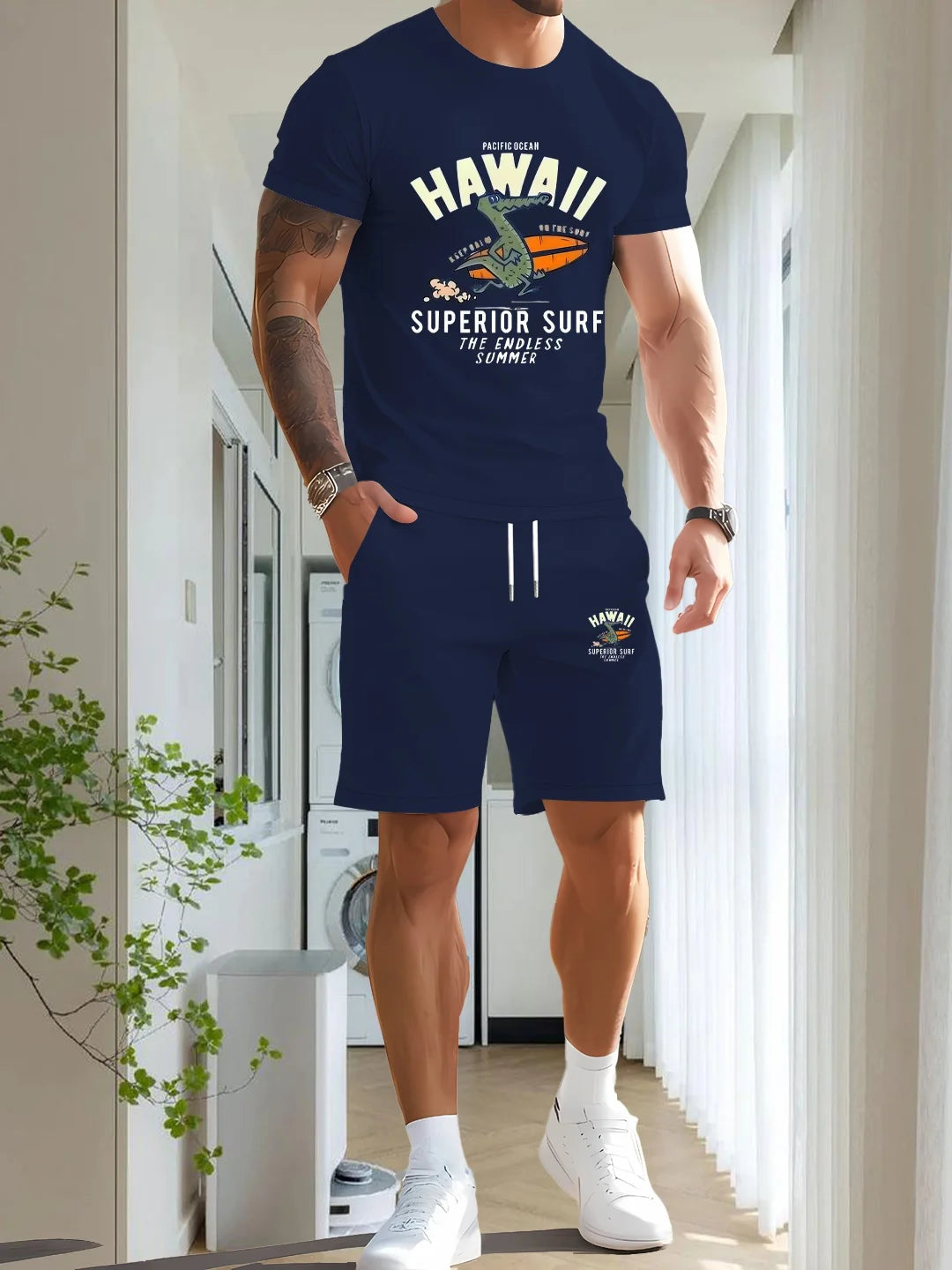 Men's printed two-piece fashionable casual round neck short sleeved T-shirt and drawstring shorts spring/summer sports suit men'