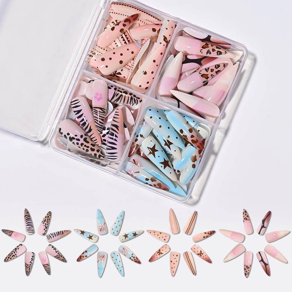 96Pcs French Almond Full Cover Fake Nail with Leopard Print Design 3D Bow Star Long Stiletto False Nails Women Press on Nails