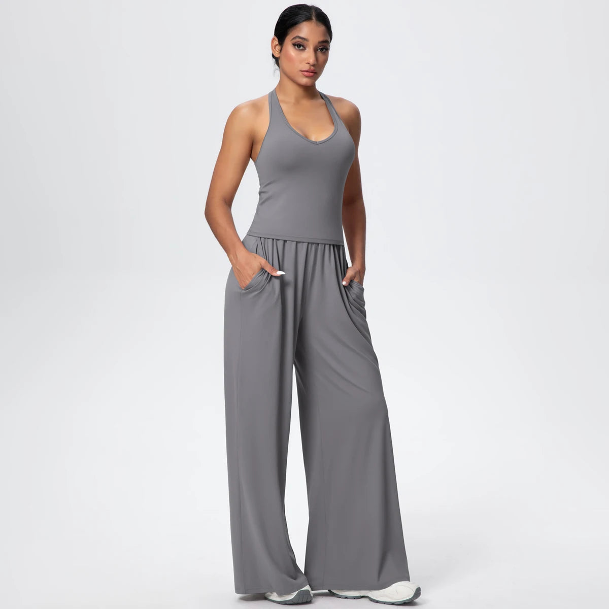 Breathable Loose Wide Leg Pants and Yoga Vest Set Solid Color High Stretch Pockets Pants Beautiful Back T-shaped Vest Yoga Suit