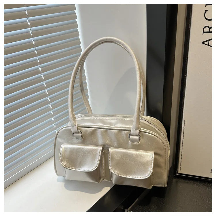 Retro Women's Satchel Hobo Bag PU Leather Shopping Bag Fashion Solid Designer Armpit Bag Casual Double Pocket Hand Underarm Bag