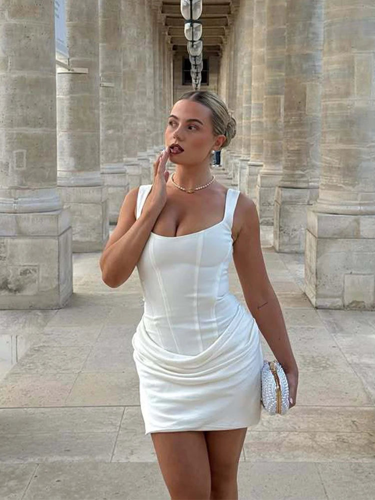 Sexy Lace Up Backless Ruched Mini Dress Women Apered Strap Square Collar Sleeveless Bodycon Dresses Lady Club Party Evening Robe