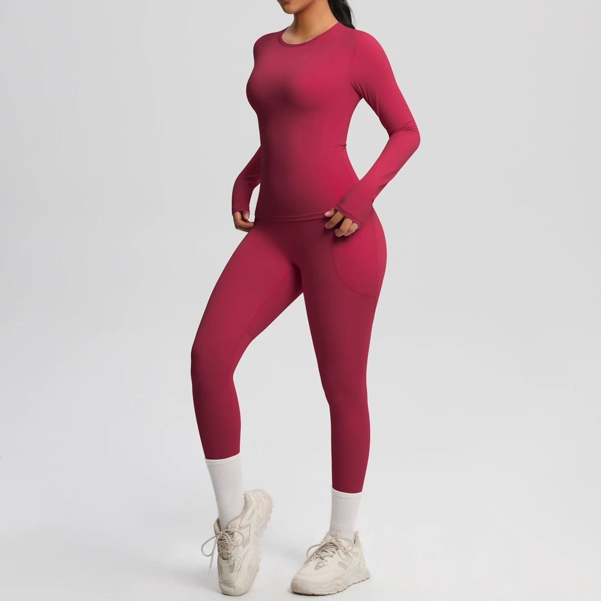 Summer 2PCS Women's Yoga Suit Solid Color High Stretch Slim Casual Long Sleeves Quick Drying Push Up Women Pockets Pants Set