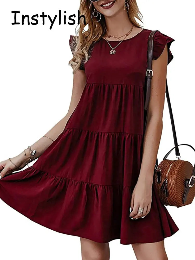 Women Elegant Ruffle Mini Dress Casual Solid O Neck Beach Party Sundress Simple Chic Loose Short Dress Vintage Harajuku Vestido
