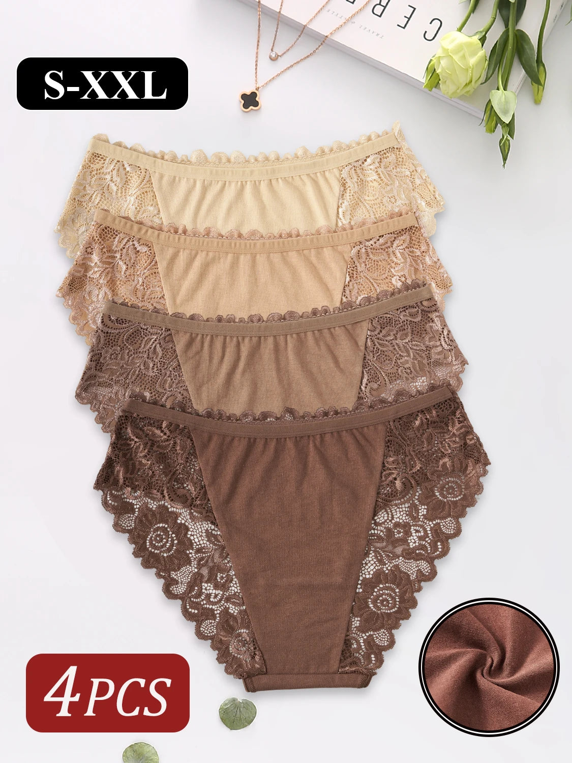 4PCS Women's Panties Sexy Elegant Floral Lace Underwear Comfortable Breathable Cotton Briefs Lingerie Perfect for Daily Wear