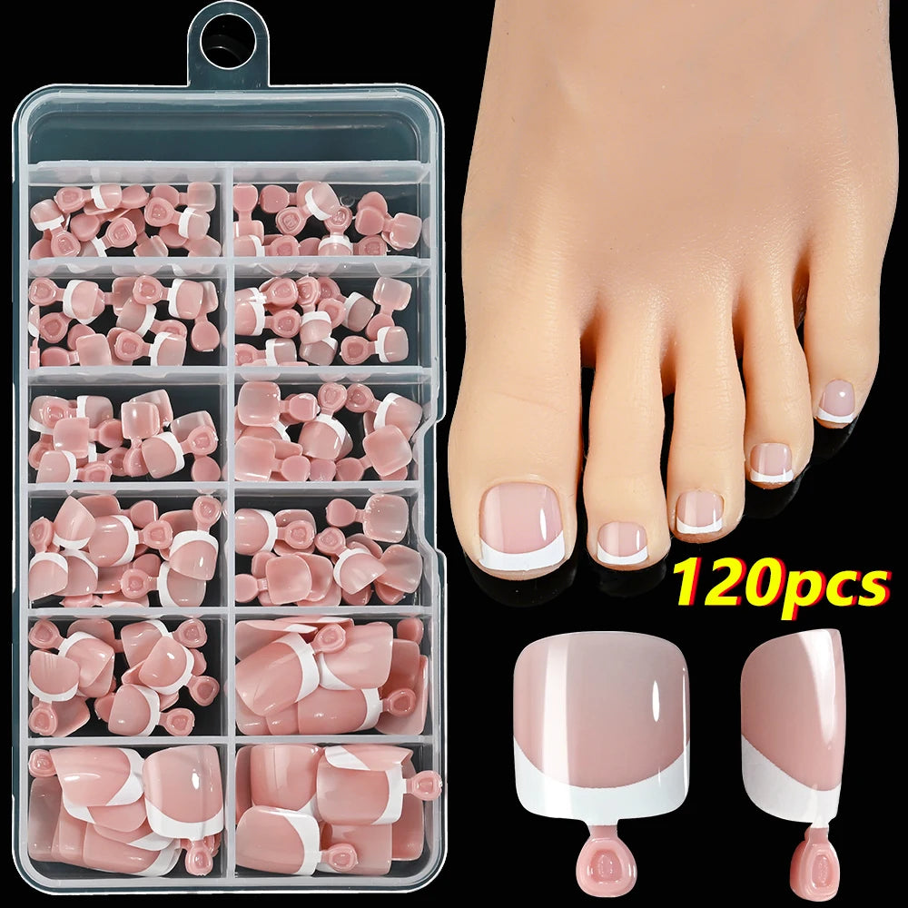 120Pcs Acrylic False Toes Nails French Short Square Pink/Nude/Brown Full Cover Fake Toenails Summer Artificial Press on Toenails
