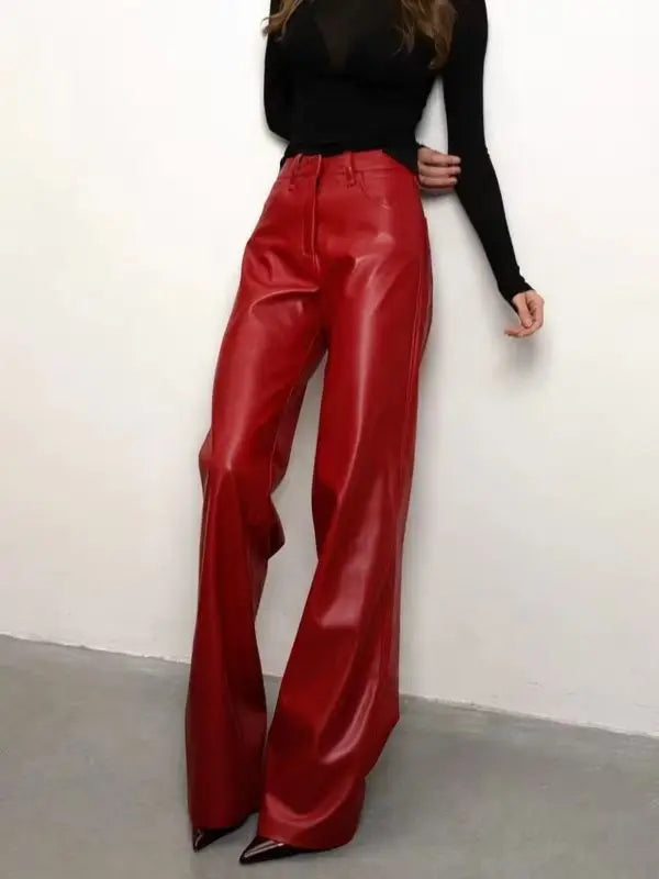 Vintage Ultra-soft PU Leather Pants High Waist Wide Leg Drape Straight-leg Slim Fit Pants 2026 Autumn Winter Streetwear