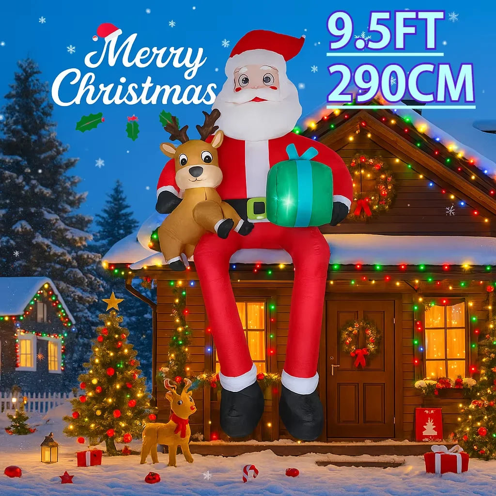 9.5FT Inflatable Santa Claus Sitting on Roof,Blow Up Santa Holding Reindeer Gift Box,Outdoor Yard Christmas Holiday Decorations