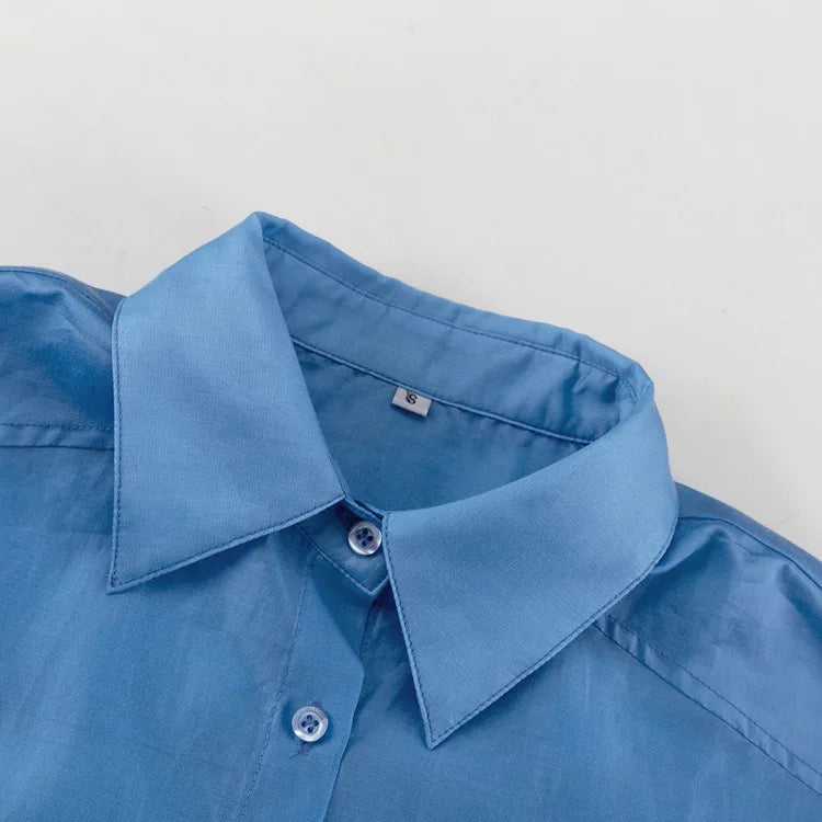 Casual Loose Solid See Through Blue Blouse For Women Sexy Lapel Long Sleeve Classic Shirt 2026 New Autumn Commuter Female Tops