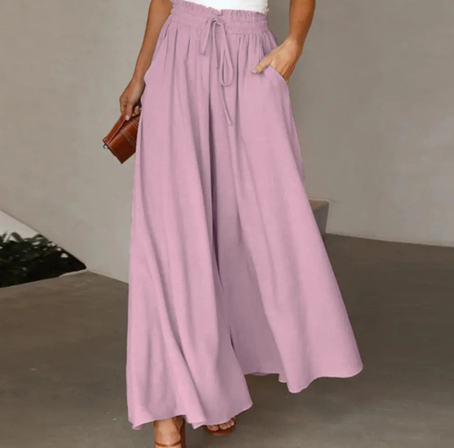 Women Casual Elastic Waist Wide Leg Pants Summer Elegant Drawstring Loose Straight Trouser Elegant Solid Pants Vacation Beach