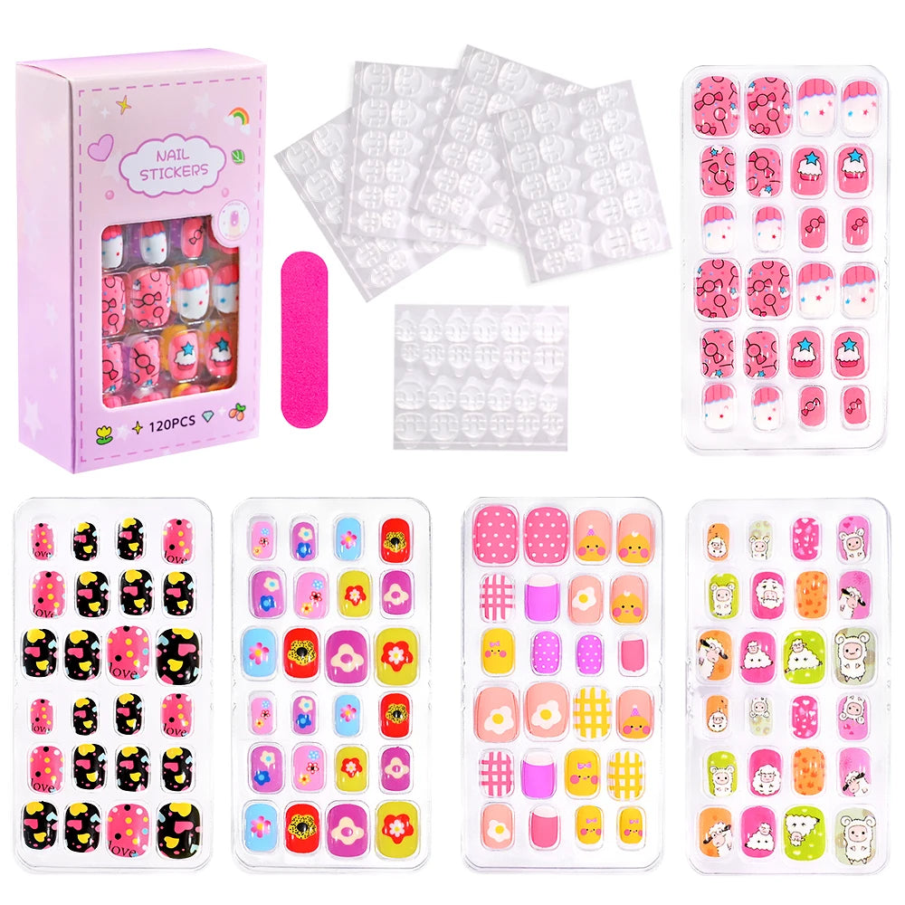 120Pcs Cartoon False Nails for Girls Kawaii Acrylic Short Square Full Cover Fake Nails Tips Kids Press on Nails with Jelly Glue
