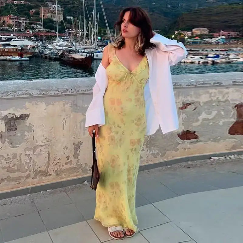 Elegant Summer Print Floral Dress Women V-neck Slim Ruffles Sleeveless Backless Long Dresses 2026 Beach Vacation Lady Vestidos