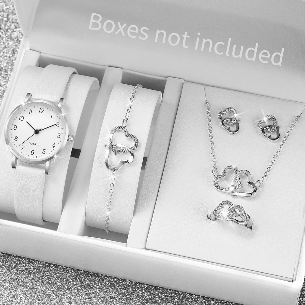 5/6PCS Fashion Women's Quartz Watch Leather Band Analog Quartz Watches with Diamond Jewelry (Without Box)