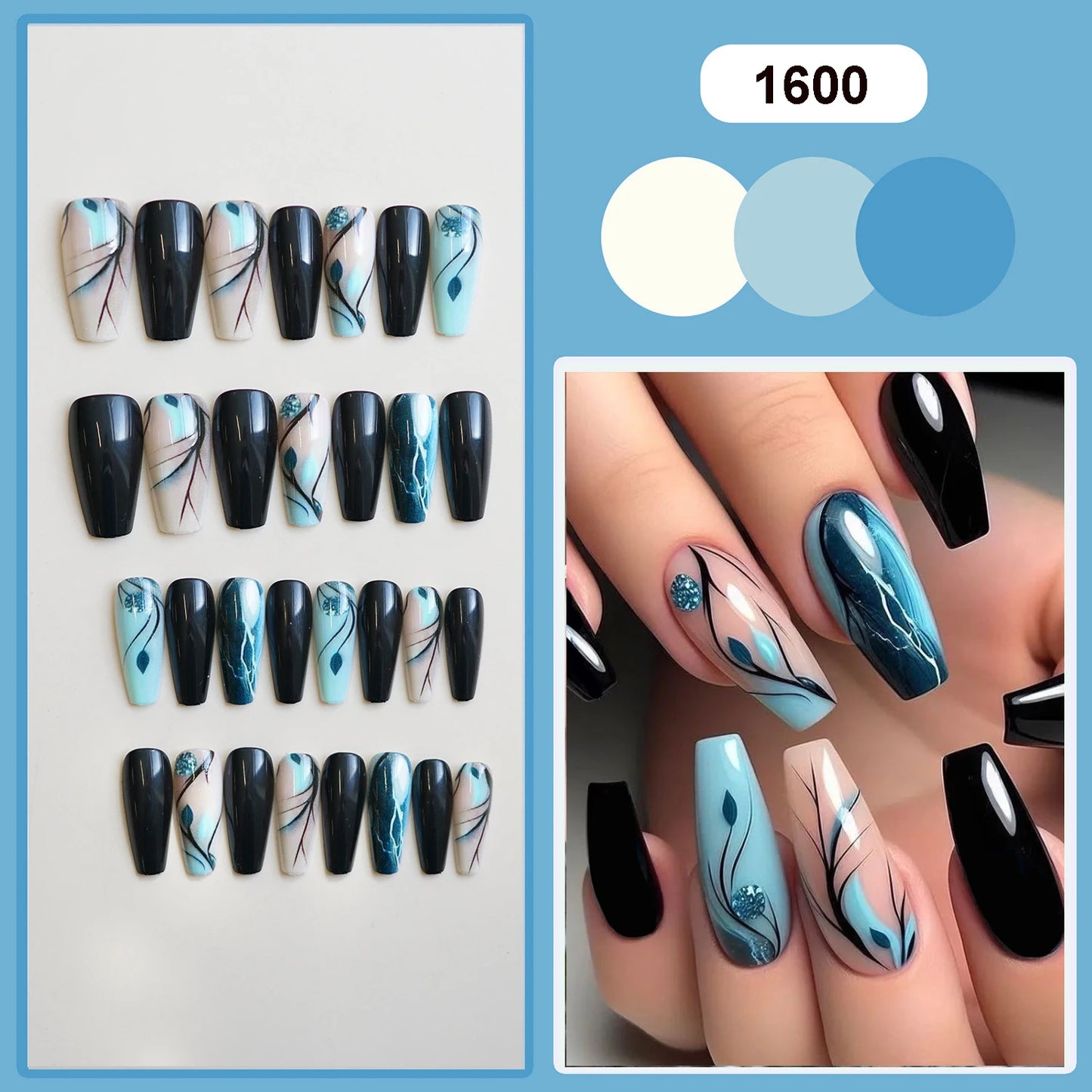 Medium long fake nails Blue pink flowers leaf for Spring summer ballet shape full cover reusable ABS Press-On Artificial Nails