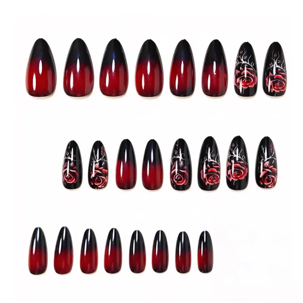Medium long fake nails for women girl black red rose flowers for Valentine's Day waterdrop almond shape full cover press on nail