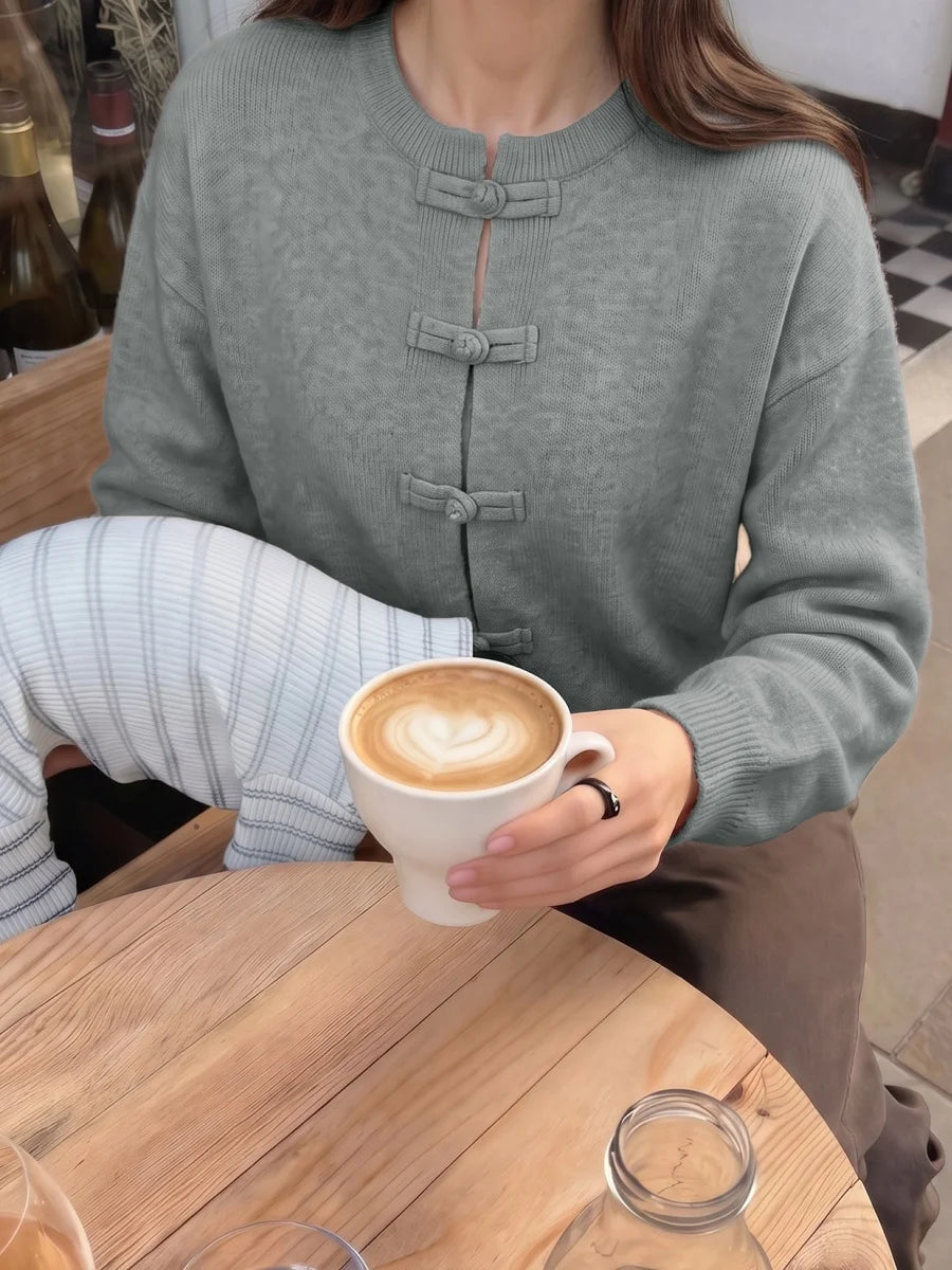Women Vintage Knitted Sweater Causal Long Sleeve O-Neck Soft Warm Chinese Style Buckle Cardigan Female Autumn Winter Outerwear