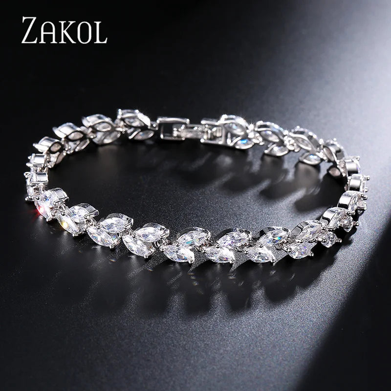 أساور ZAKOL Fashion ذات الأوراق البيضاء للنساء والرجال من الزركونيا المكعبة اللامعة بقصة الماركيز، مجوهرات لحفلات الزفاف