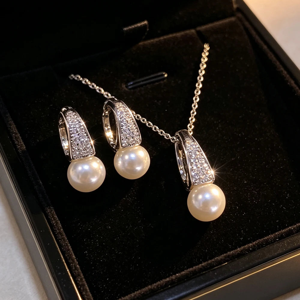 ZAKOL Sliver Color Simple Shiny Zirconia Round Imitation Pearl Earrings and Necklace Set for Women Exquisite Jewelry Gift