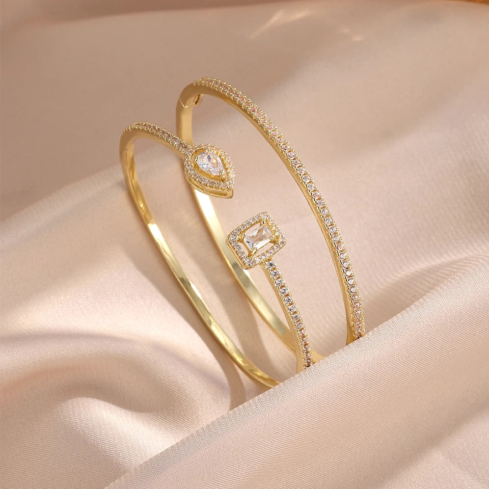 ZAKOL 2pcs/set Classic Geometric AAA Cubic Zirconia Open Bracelet for Women Shiny Crystal Engagement Wedding Party Bangle Set