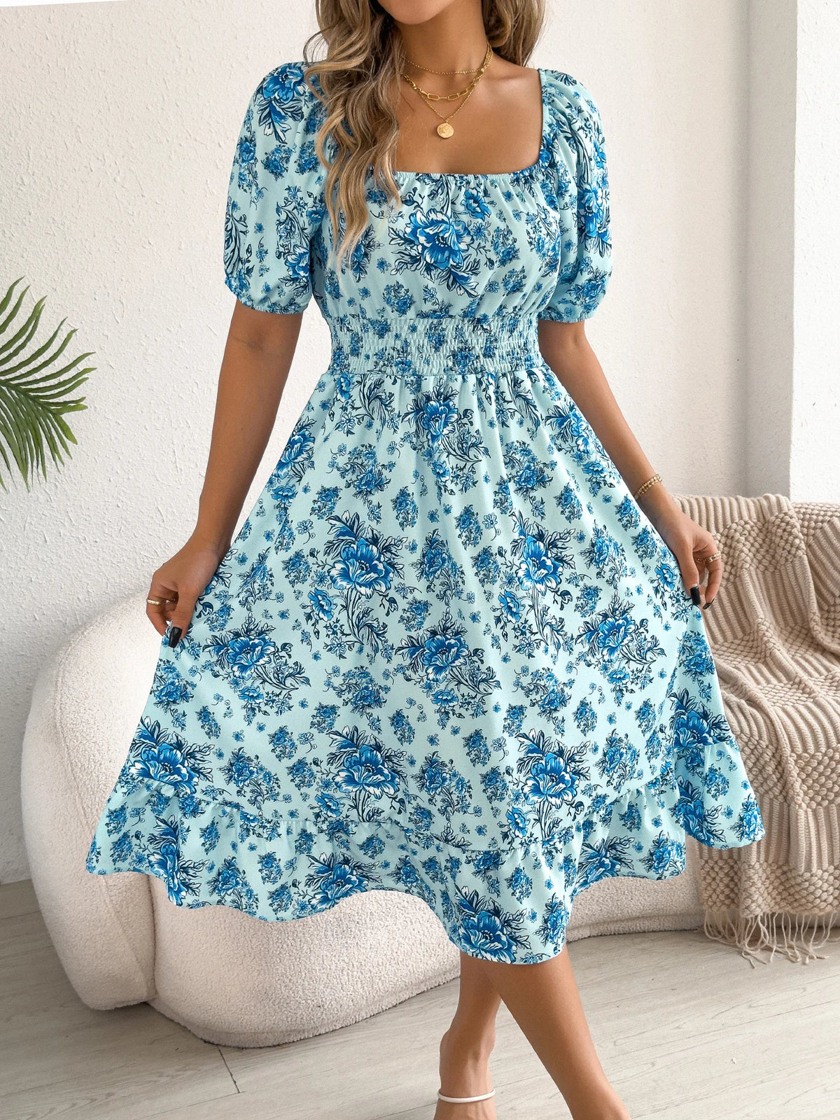 2026 Fashion Floral Print Dress for Women Spring Summer Casual Square Neck Short Sleeve Ruffled Long Dresses Woman Clothing