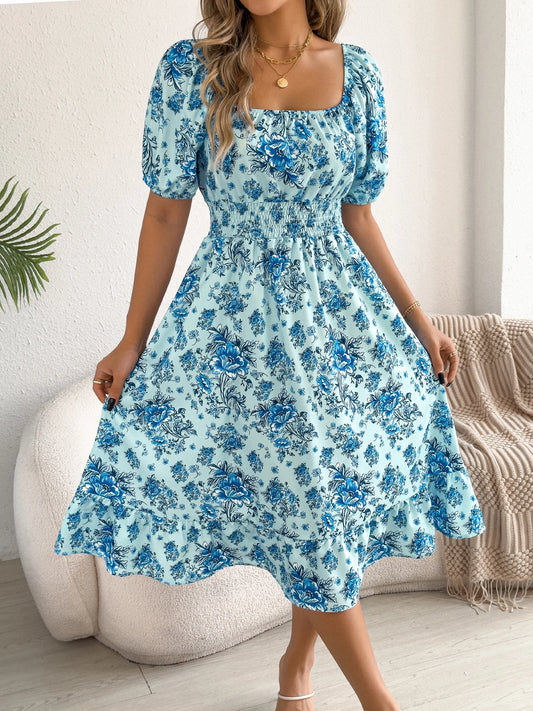 2026 Fashion Floral Print Dress for Women Spring Summer Casual Square Neck Short Sleeve Ruffled Long Dresses Woman Clothing