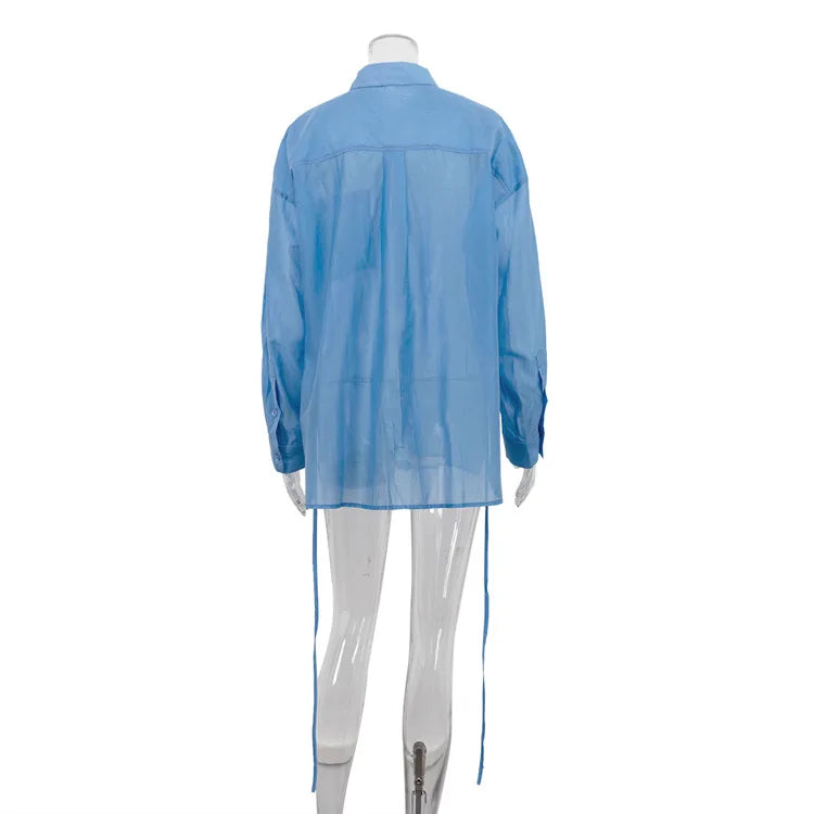 Casual Loose Solid See Through Blue Blouse For Women Sexy Lapel Long Sleeve Classic Shirt 2026 New Autumn Commuter Female Tops