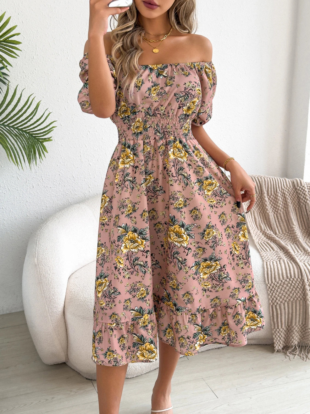 2026 Fashion Floral Print Dress for Women Spring Summer Casual Square Neck Short Sleeve Ruffled Long Dresses Woman Clothing